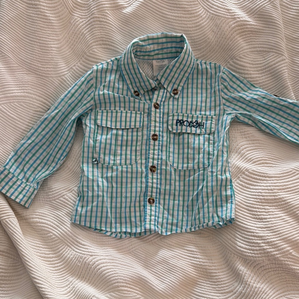 Prodoh fishing Green and White Button Down Shirt 18-24month toddler boy